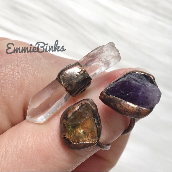 New Triple Crystal Gemstone Ring ~ Natural Amethyst Citrine Clear Quartz Copper - Picture 7 of 16